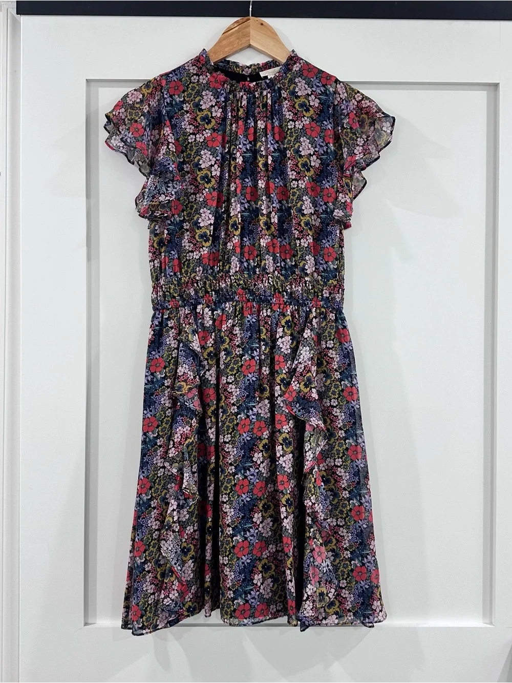 Shoshanna Amora silk floral ruffle lightweight dress multicolor red purple sz 2